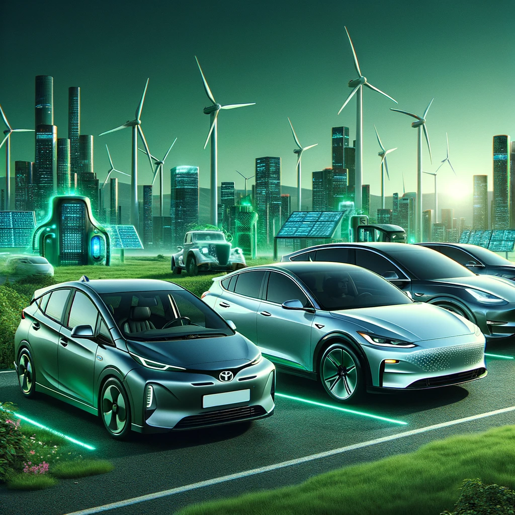 Eco-friendly cars including the Toyota Prius, Hyundai Kona Electric, and Tesla Model 3, in a green, futuristic city.