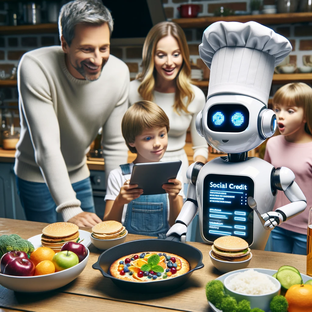A robot in a chef's hat calculating dinner menus on a tablet, amusing a family in their kitchen.