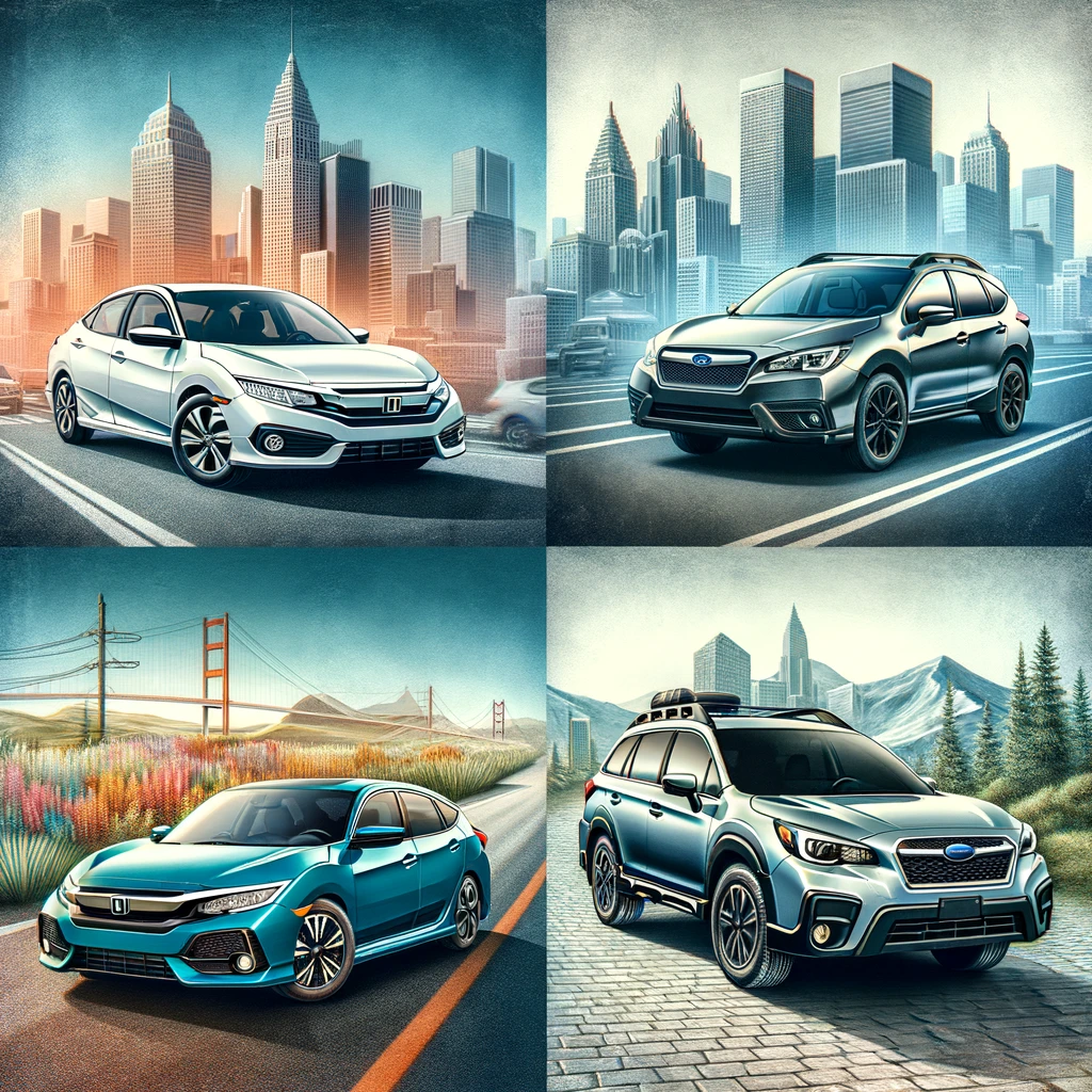 Honda Civic and Subaru Outback in urban and rural settings, representing practical and economical choices.