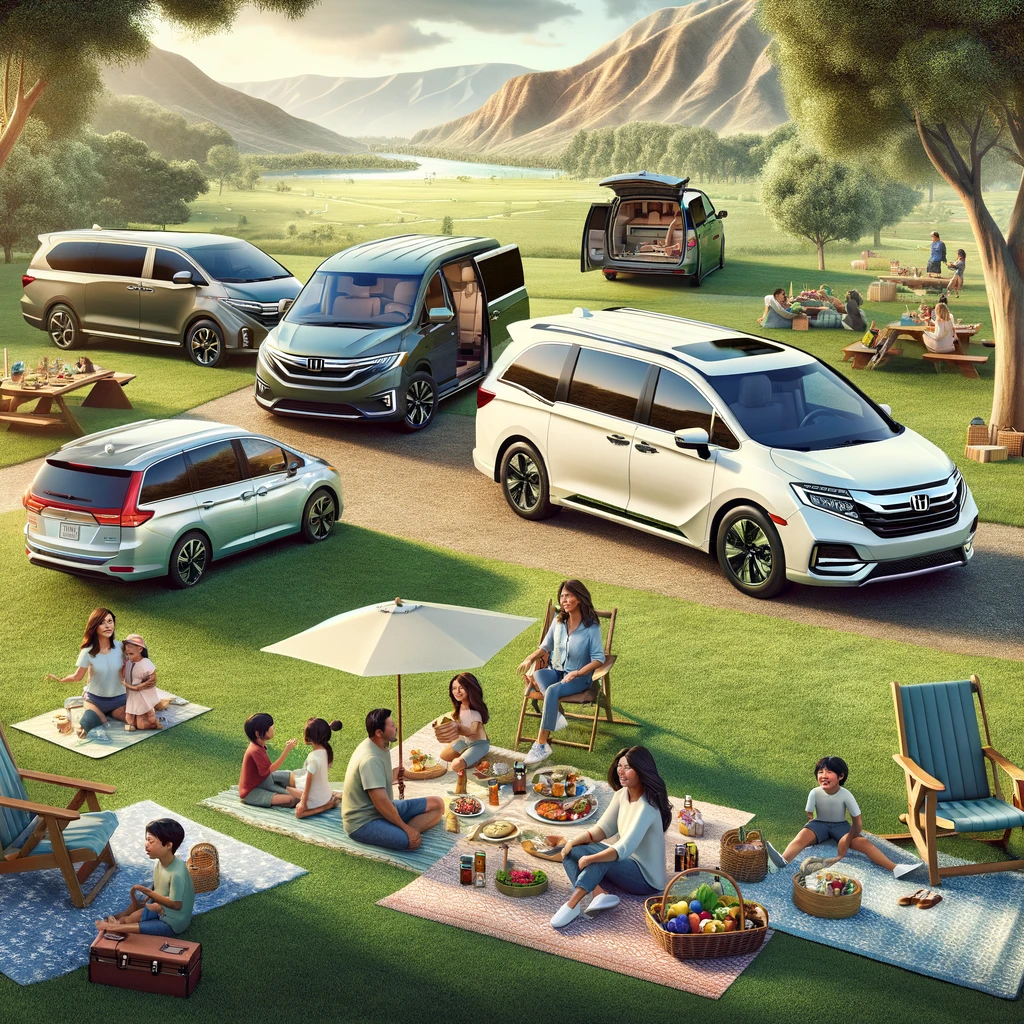 Honda Odyssey, Kia Telluride, and Toyota Sienna Hybrid in a family picnic setting, showcasing their family-friendly features.