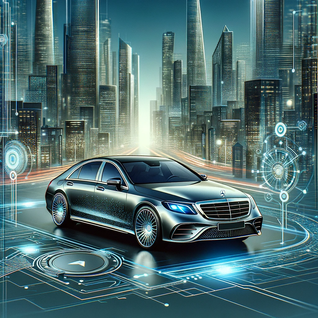 Mercedes-Benz S-Class in a high-tech city environment, showcasing luxury and advanced technology.