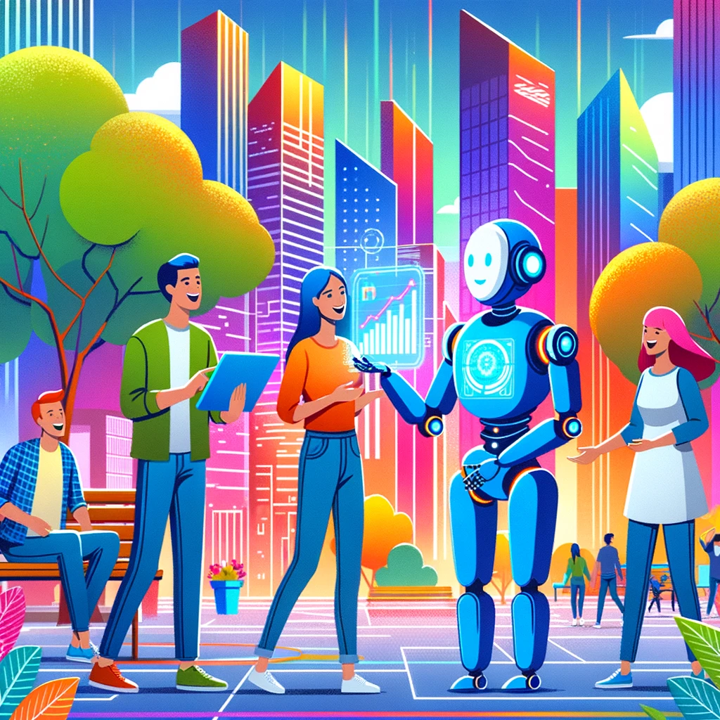 Humans and a friendly robot discussing and laughing in a futuristic park, with the robot holding a data-displaying tablet.