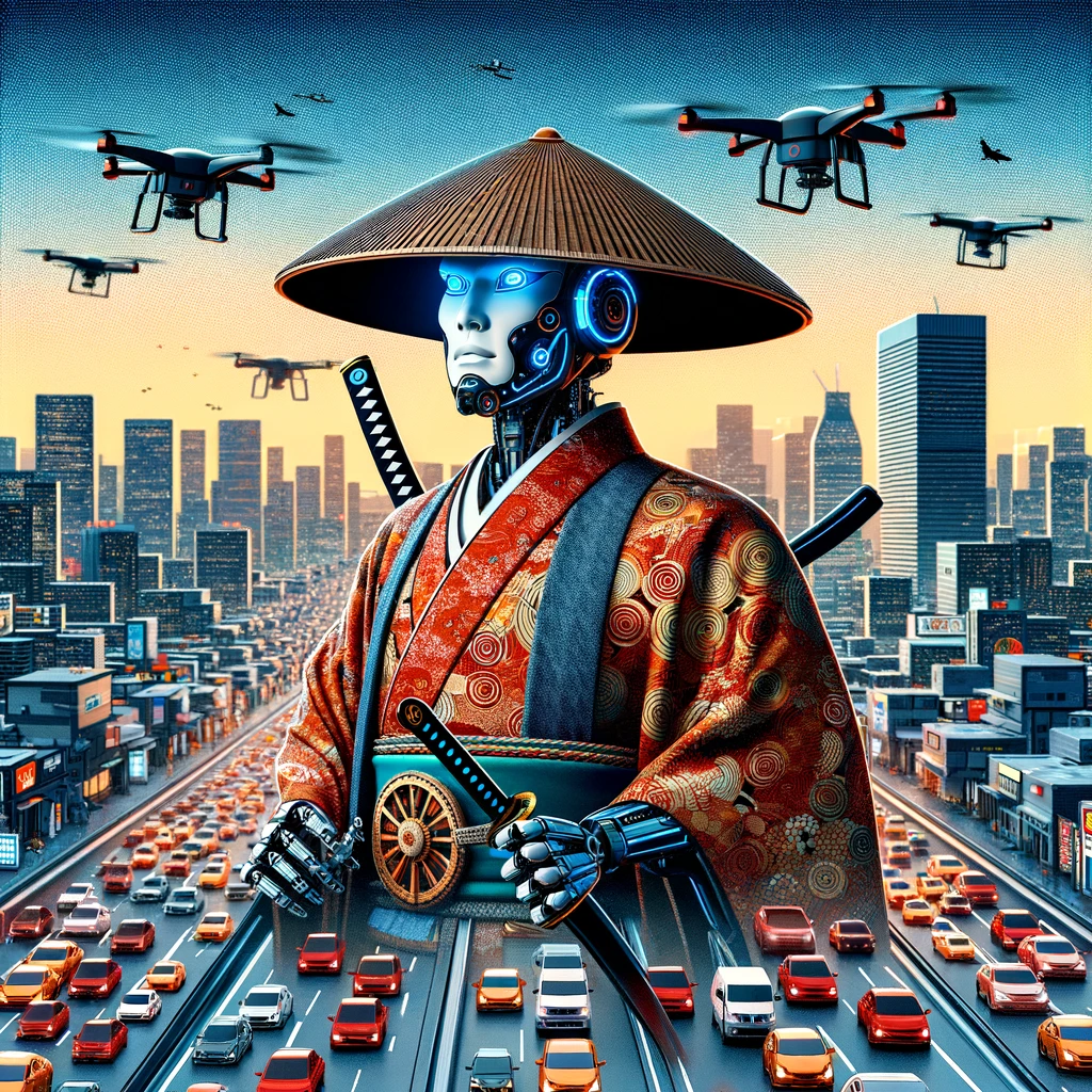 A robot in Japanese Shogun attire overseeing a futuristic cityscape with self-driving cars and drones.