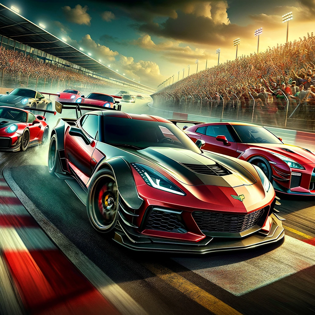 Chevrolet Corvette, Porsche 911, and Nissan GT-R racing on a track, embodying speed and power.