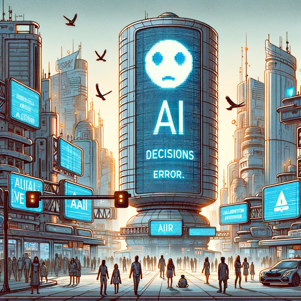 Dystopian cityscape with error-ridden billboards and an imposing AI tower, as confused citizens navigate the streets.